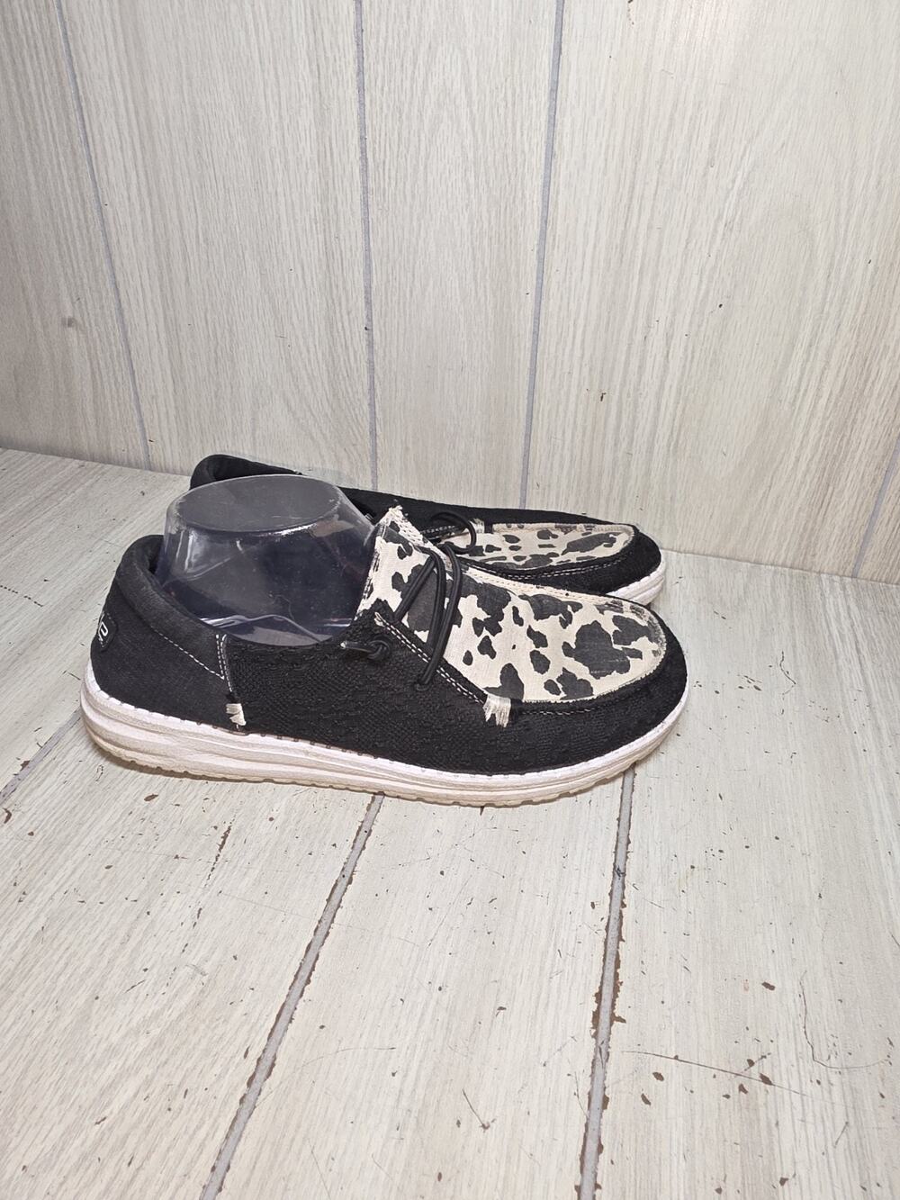 Hey Dude Women's Wendy Boho Wild Cow Print Shoes Sz 9 Black White Comfort Loafer